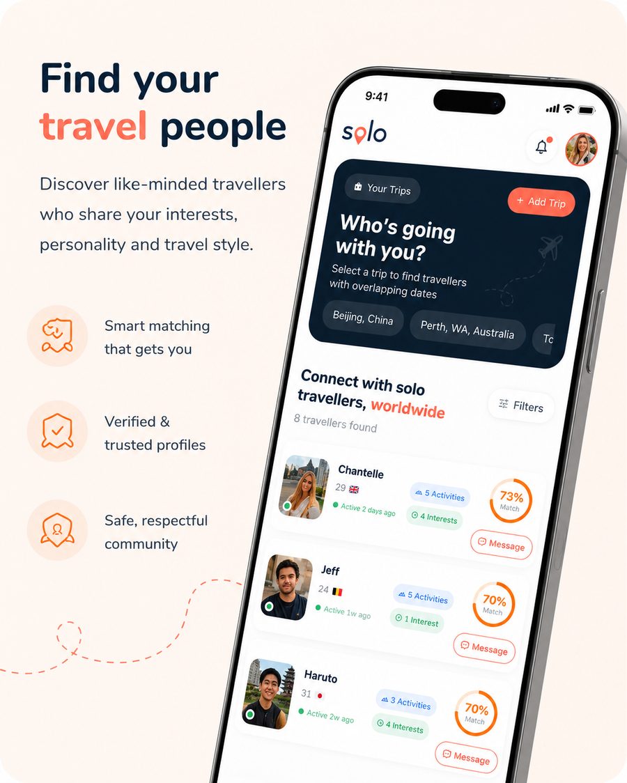 Find your travel people — smart matching screen in the Solobase app